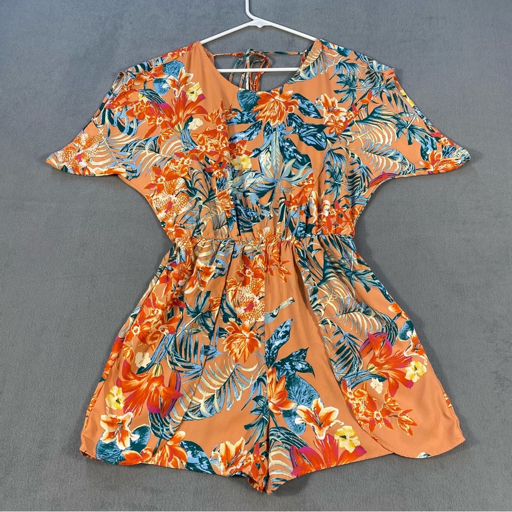 BCBGMaxAzria Women’s Orange & Blue Tropical Floral Flutter Sleeves Romper, XS